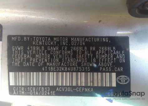 2004 Toyota Camry Le из США, поврежденный, VIN 4T1BE32K84U875315